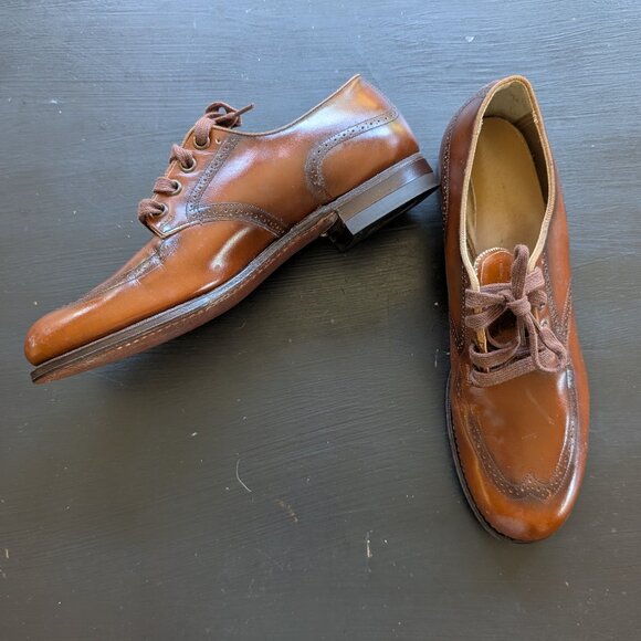 Vintage 50s Brown leather wingtip oxfords shoes deadstock lace up 1950s heels - Picture 2 of 9